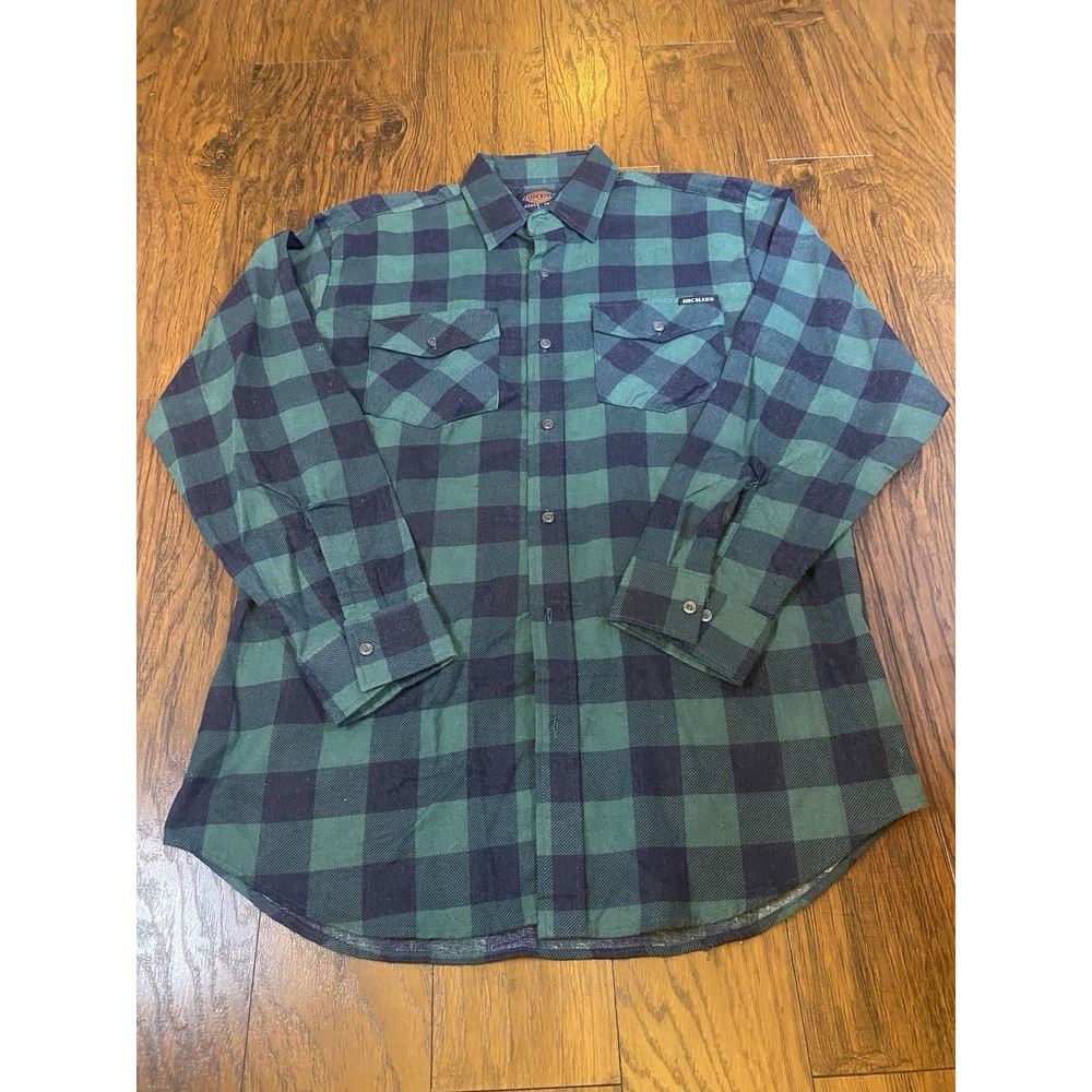 Dickies Mens Large Green Black Buffalo Plaid Flannel Button Down Work Shirt